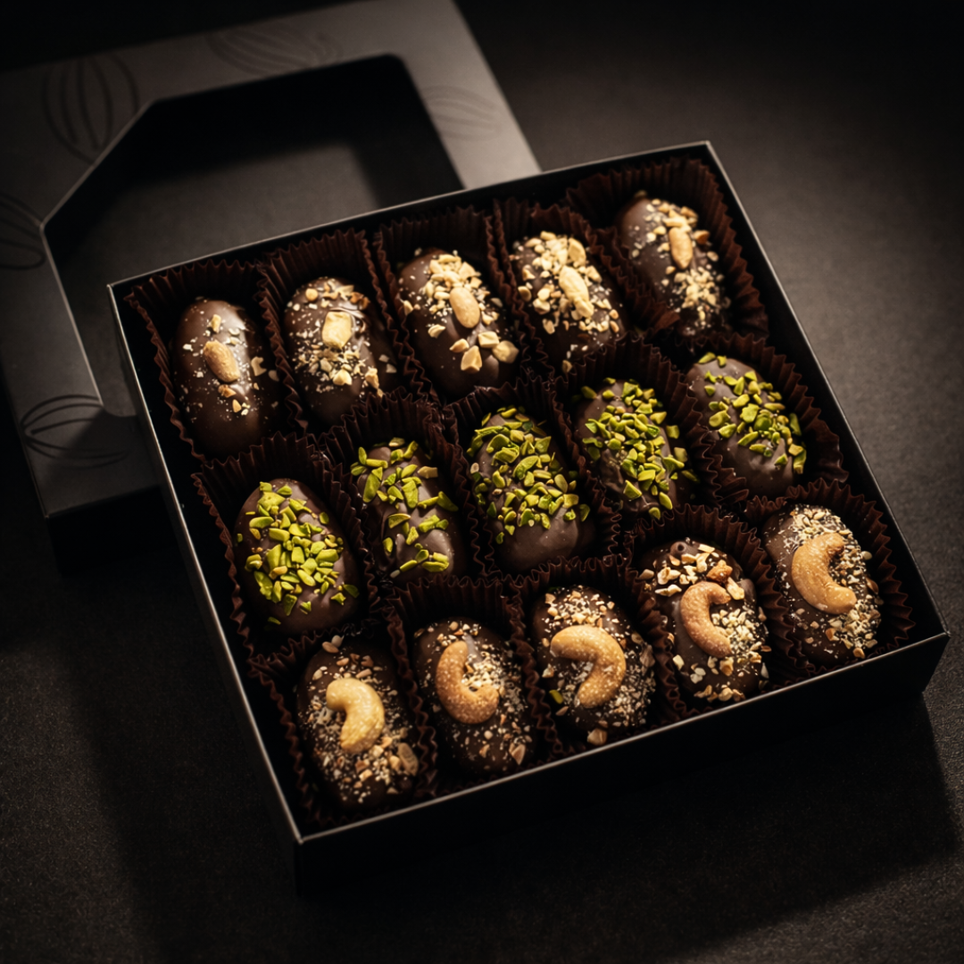 15-Piece Belgian Chocolate Covered Medjool Dates Gift Box – Peanut, Pistachio & Cashew