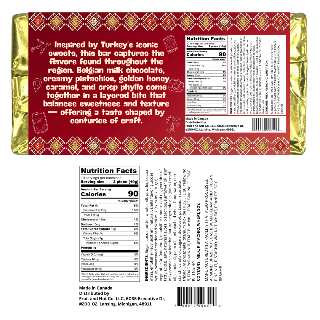Pistachio Baklava Milk Chocolate Bar - Turkey Inspired Chocolate Bar