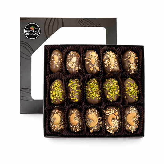 15-Piece Belgian Chocolate Covered Medjool Dates Gift Box – Peanut, Pistachio & Cashew