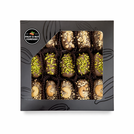15-Piece Belgian Chocolate Covered Medjool Dates Gift Box – Peanut, Pistachio & Cashew