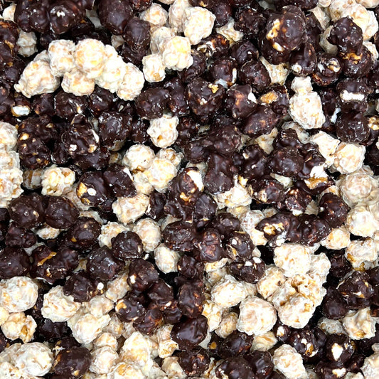 Tuxedo Caramel Corn – White & Dark Chocolate Drizzle
